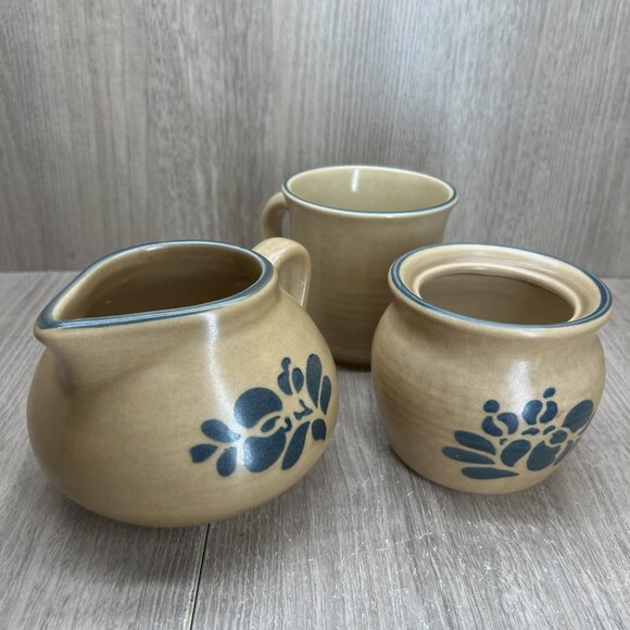 Vtg Pfaltzgraff Folk Art Sugar Bowl Creamer Set of 3 Stoneware Floral Blue Tan - Picture 3 of 16